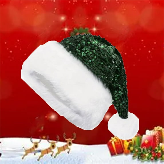 Honeeladyy Christmas Hat Sequin Santa Hat for Adults with Shiny Sequin and Fluffy Pompom, Santa Hat for Christmas Party Supplies (Green)