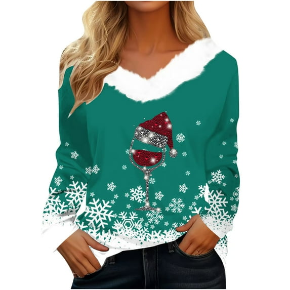 Honeeladyy Christmas Shirts for Women Fall Fur Collar V Neck Long Sleeve Going Out Tops Snowflake Wine Glass Print Sweatshirt Valentines Day Gift Green XXL