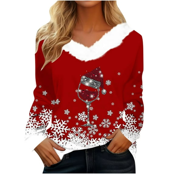 Honeeladyy Christmas Shirts for Women Fall Fur Collar V Neck Long Sleeve Going Out Tops Snowflake Wine Glass Print Sweatshirt Valentines Day Gift Red XXXL