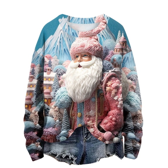 Honeeladyy Christmas Sweatshirts for Women Spring Cute Xmas 3D Graphic Print Sweatshirt Oversized Long Sleeve Round Neck Pullover Tops New Year Gift Blue S