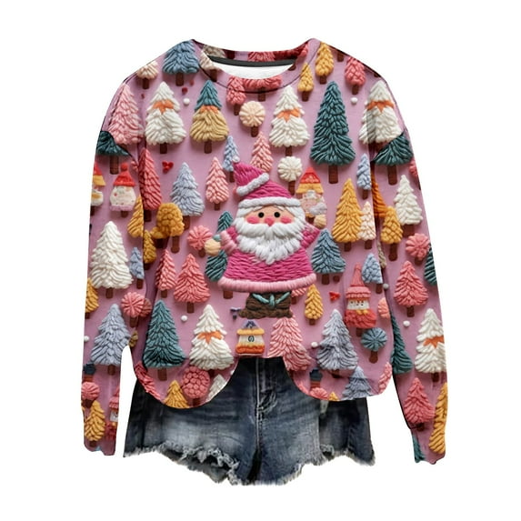 Honeeladyy Christmas Sweatshirts for Women Cute Xmas Reindeer Snowman Sweatshirt Long Sleeve Ugly Christmas Sweater Pullover Holiday Gift Pink S