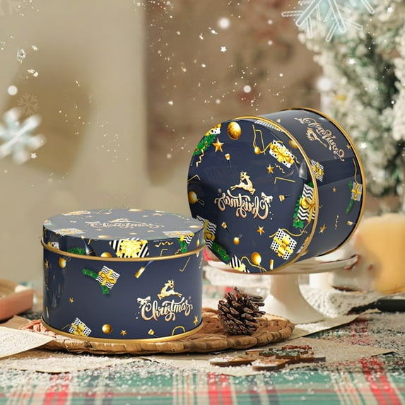 Honeeladyy Christmas Tin Gift Box Santa Tinplate Candy Cookie Box Round Candy Storage Containers with Lids for Holiday Xmas Supplies
