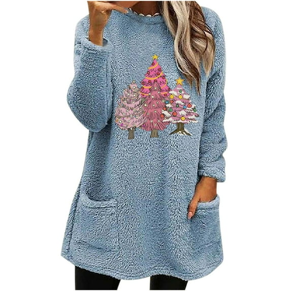 Honeeladyy Christmas Tops for Women 2023 Long Sleeve Fleece Lined Sweatshirts Cute Gnomes Print Winter Funny Holiday Shirts with Pocket Birthday Gift Light Blue XXXL