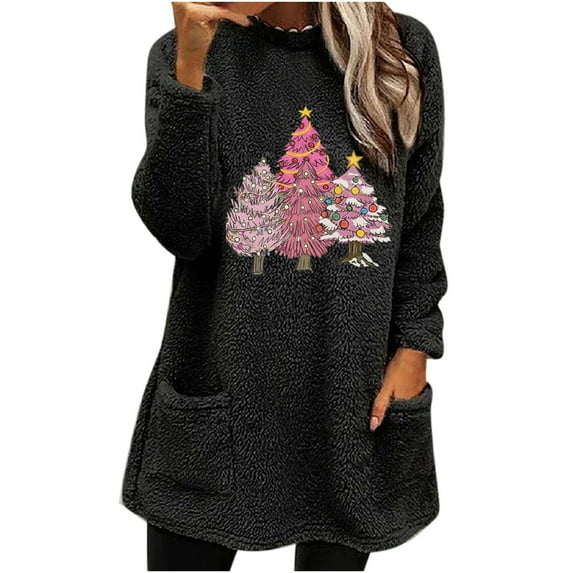 Honeeladyy Christmas Tops for Women 2023 Long Sleeve Fleece Lined Sweatshirts Cute Gnomes Print Winter Funny Holiday Shirts with Pocket Holiday Gift Black S