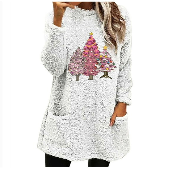 Honeeladyy Christmas Tops for Women 2023 Long Sleeve Fleece Lined Sweatshirts Cute Gnomes Print Winter Funny Holiday Shirts with Pocket Visiting Gift White M