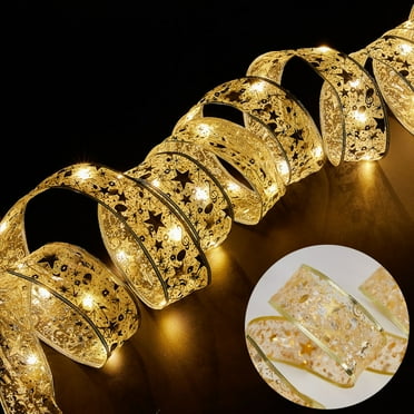 Honeeladyy Christmas Tree Ribbon Lights, 118.11 Inches 30LED Ribbon Lights for Christmas Tree, Double Layered Christmas Ribbon Lights, Christmas Tree Decorations Gold Ribbon String Lights