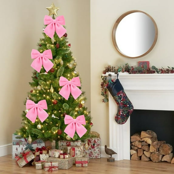 Honeeladyy Christmas Velvet Bows 5.11 Inch Rustic Wreath Gift Bows Vintage Xmas Velvet Ribbon Bow Holiday Ornaments for Christmas Tree Garland DIY Craft Wrapping Decor (Pink)
