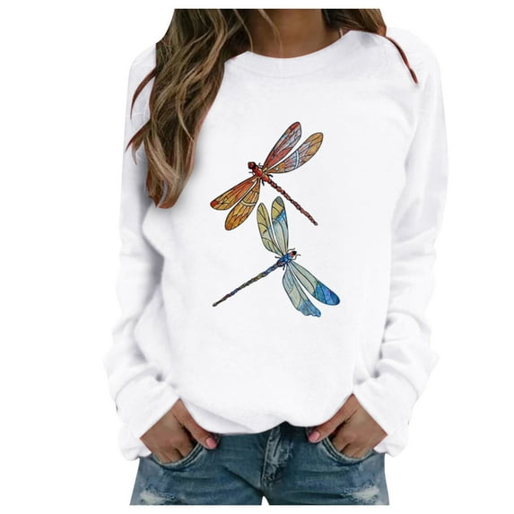 Honeeladyy Clearance under 10$ Graphic Tees for Women Long Sleeve Funny Two Dragonfly Print Fall Cute Casual Pullover T Shirt Tops for Teen Girls White