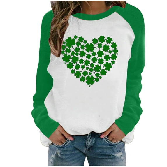 Honeeladyy Clearance under 10$ Women's Happy St. Patrick's Day Tops Cute Love Heart Shamrock Graphic Shirt Holiday Good Luck Tops Raglan Crewneck Shirt D Green