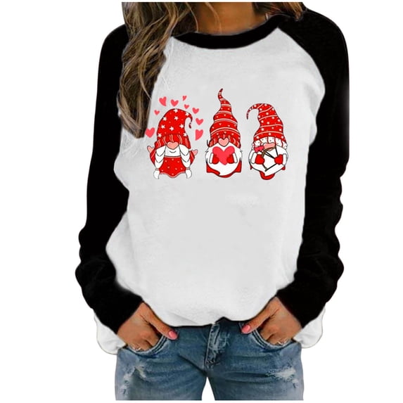 Honeeladyy Clearance under 5$ Valentine's Day Tops for Women Long Sleeve Shirts Heart Gnome Printed Crewneck Pullover Sweatshirt Raglan Casual Tunic Tops