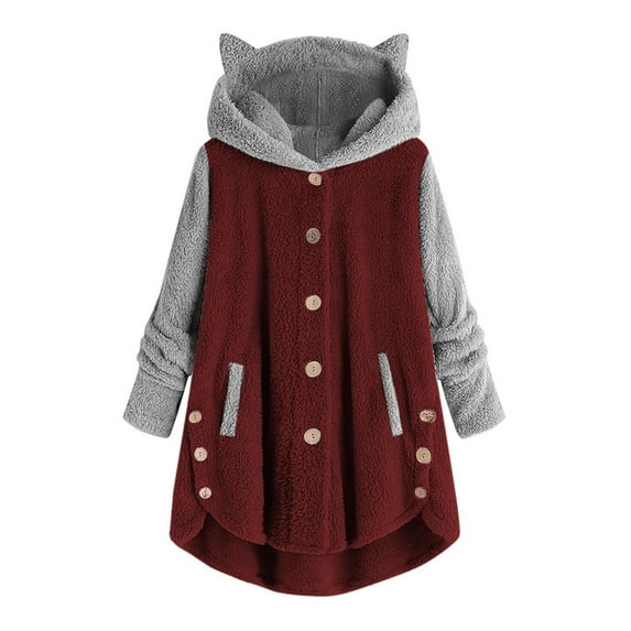 Honeeladyy Clearance under 5$ Women Button Down Coats Outwear Cute Rabbit Ears Hooded Warm Fuzzy Fleece Long Sleeve Loose Winter Shaggy Jacket with Pockets