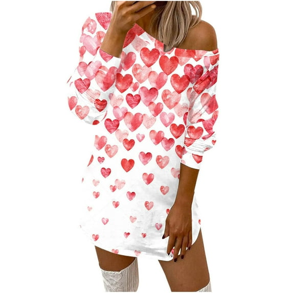 Honeeladyy Clearance under 5$ Women's colorful Love Printed Pullover Long Sleeve Crewneck Loose Top Casual Comfy Mini Dress Valentine's Day Gift Dress