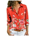 thumbnail image 1 of Honeeladyy Clearance under 10$ Button Down Shirts Deep V Neck Long Roll up Sleeve Blouses Collar Casual Flower Print Top Blouse for Women Summer Fit, 1 of 5