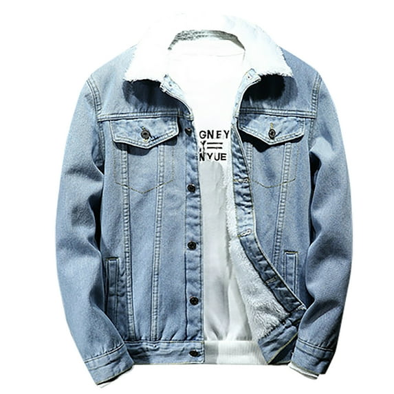 Honeeladyy Clearance under 10$ Mens Jean Jacket Plus Size Trucker Jacket Warm Outerwear Classic Fleece Slim Fit Denim Jacket Casual Turndown Coat