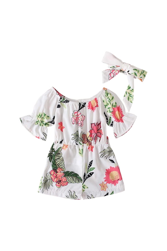 Clearance under 10$ Toddler Baby Girls Summer Floral Printed Short Sleeve Jumpsuit + Bow Two-piece Children's Clothing Set Suit