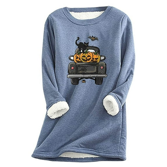Honeeladyy Clearance under 10$ Women O-Neck Loungewear Nightgowns Long Sleeve Halloween Print Fall Fleece Tops