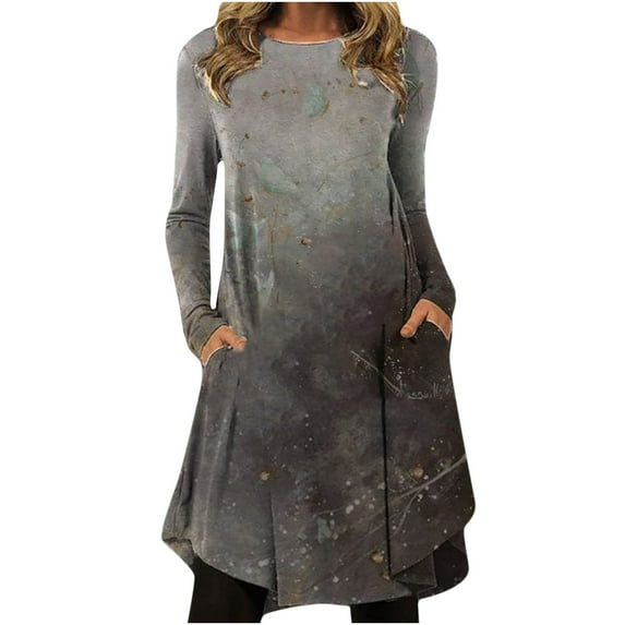 Honeeladyy Clearance under 10$ Women Vintage Maxi Dress Casual Soft O-Neck Long Sleeve Tie-Dye Printed Long Dress Irregular Hem Autumn Pocket Dress