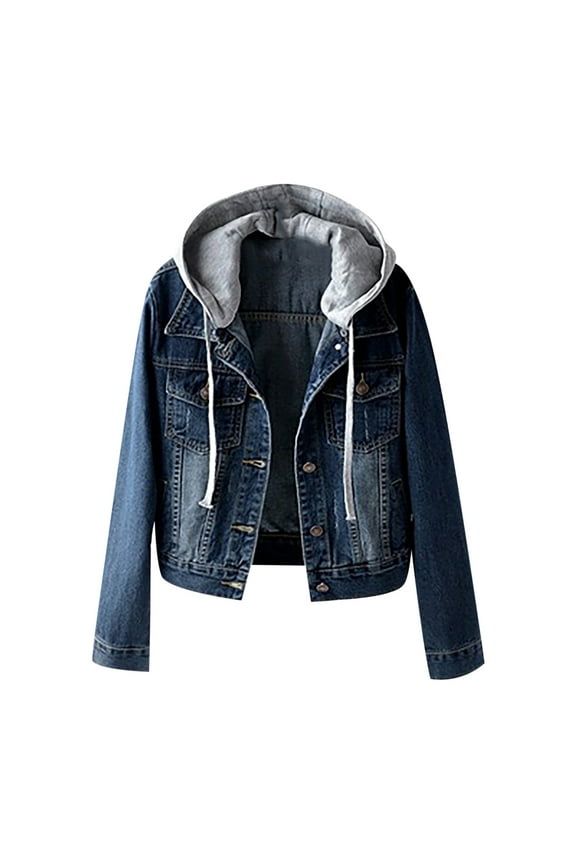 Clearance under 10$ Women's Casual Detachable Hooded Denim Jacket Button Down Jean Coats Long Sleeve Cropped Tops Slim Jean Jacket Outwear