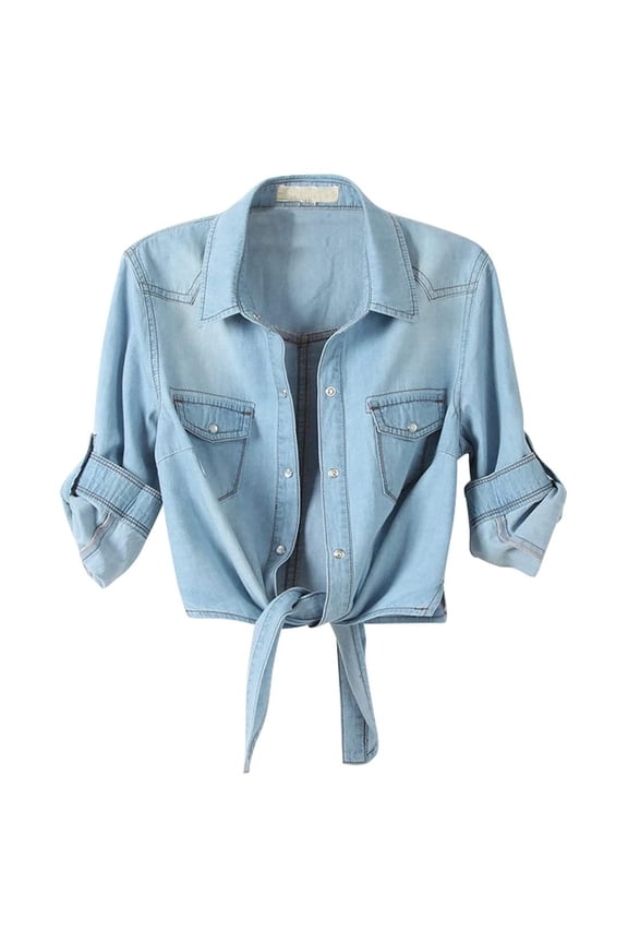 Clearance under 10$ Womens Chambray Denim Crop Tops Roll Up 3/4 Sleeve Tie Front Knot Shirts Tee Casual Button Down Short Sleeve Jacket