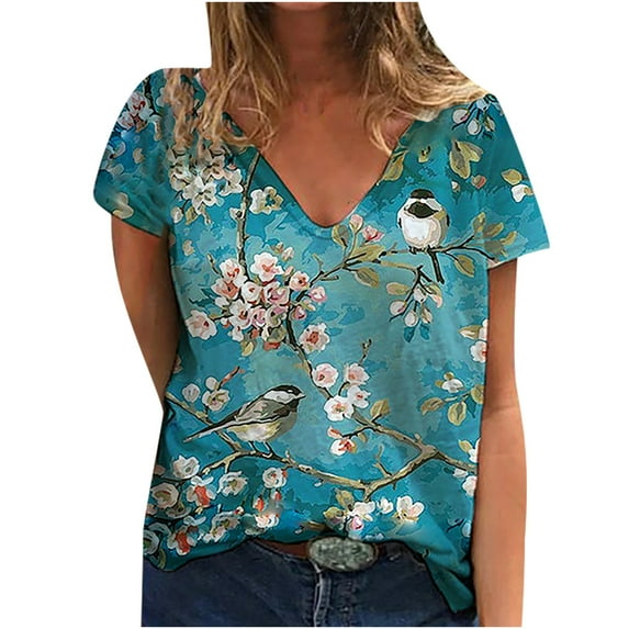 Honeeladyy Clearance under 10$ Womens Floral Shirts Blouse Short Sleeve V-Neck T Shirts Summer Casual Tops Graphic Tee Vintage