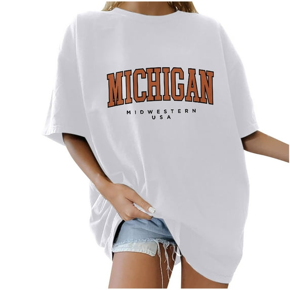 Honeeladyy Clearance under 5$ Michigan Midwestern USA Letter Shirt for Women Vintage Short Sleeve Tops Loose Summer Crewneck Casual Trendy Blouse