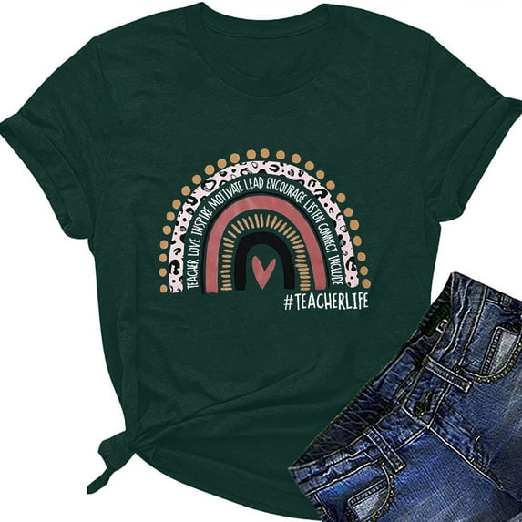 Honeeladyy Clearance under 5$ Teacher Shirts for Womens Rainbow Graphic Tee Funny Strong Letter Inspirational T Shirt Tops Love Heart Short Sleeve