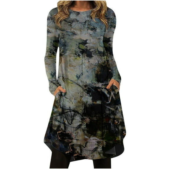 Honeeladyy Clearance under 5$ Women Vintage Maxi Dress Casual Soft O-Neck Long Sleeve Tie-Dye Printed Long Dress Irregular Hem Autumn Pocket Dress