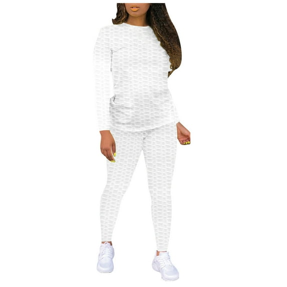 Honeeladyy Clearance under 5$ Women Yoga Set Gym Fitness Clothes 2PCS Butt Lifting Bubble Sweatpants and Long Sleeve Pullover Athletic Tracksuits
