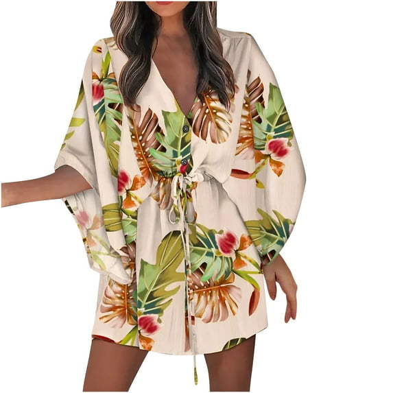Honeeladyy Clearance under 5$ Women's 2022 Summer Casual Dresses Hawaiian Printed Button Front V-Neck Loose Half Sleeve Drawstring Beach Dresses
