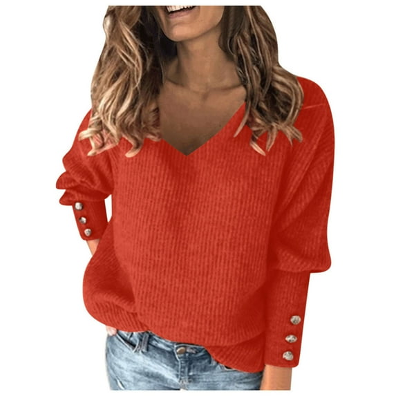 Honeeladyy Women Turtleneck V-Neck Knitted Jumper Sweater Long Sleeve Elegant Casual Tops Clearance Long Sleeve