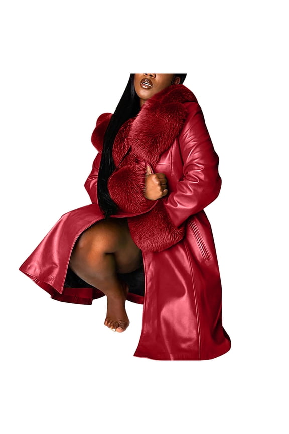 Clearance under 5$ Womens PU Leather Coat Long Jacket Tops Casual Button Down Long Sleeve Fall Clothes Warm Fluff Winter Lapel Overcoat