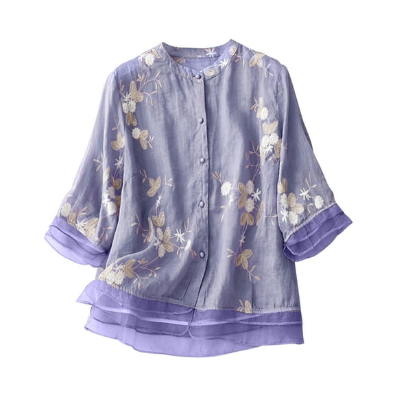 Honeeladyy Cotton Linen Tops for Women ,Ladies Fashion Color Embroidery Half Sleeve Cotton Linen Casual Loose Shirt M-Purple-L