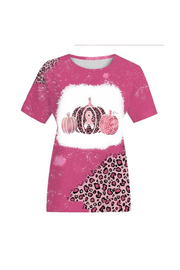 Crew Neck Tops for Women Short Sleeve Pumpkin Festival Halloween Breast Cancer Tops Blouses Shirts Women 2023 #-Pink-L