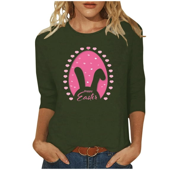 Honeeladyy Cute Easter Blouse for Women,Spring Casual Pullovers Three Quarter Sleeve Bunny Graphic Top Gift Army Green XXXXXL