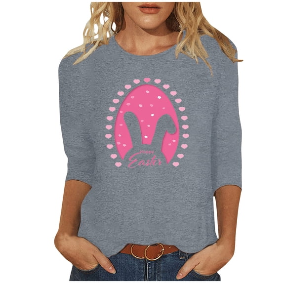 Honeeladyy Cute Easter Blouse for Women,Spring Casual Pullovers Three Quarter Sleeve Bunny Graphic Top Gift Gray S