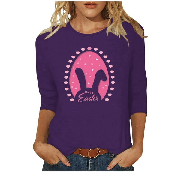 Honeeladyy Cute Easter Blouse for Women,Spring Casual Pullovers Three Quarter Sleeve Bunny Graphic Top Gift Purple XL