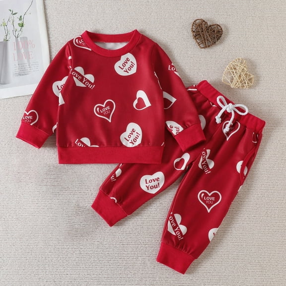Honeeladyy Cute Toddler Girls Sweatsuit Christmas Valentine Heart Print Child Clothes Long Sweatshirt and Sweatpants Outfit Christmas Gift Red 6-12Months