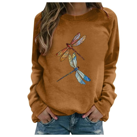 Honeeladyy Deals Graphic Tees for Women Long Sleeve Funny Two Dragonfly Print Fall Cute Casual Pullover T Shirt Tops for Teen Girls Brown