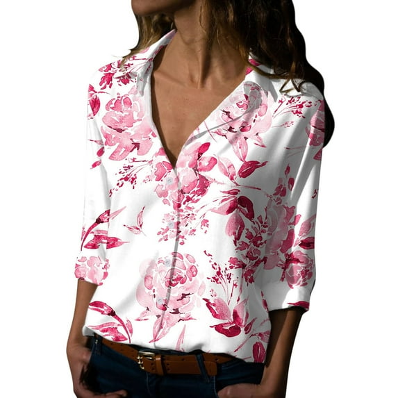Honeeladyy Deals Long Sleeve Tee Shirts for Women Vintage Floral Graphic Print Tops Loose Fit Button Down Blouses Casual V Neck Tshirt Red