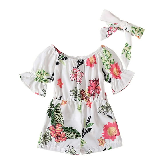 Honeeladyy Deals Toddler Baby Girls Summer Floral Printed Short Sleeve Jumpsuit + Bow Two-piece Children's Clothing Set Suit
