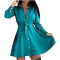 thumbnail image 1 of Honeeladyy Deals Women's Lace-up Pleated Dress Long Sleeve Mini T Shirt Dress Lapel Collar Button Flared Short Dresses Elegant Solid Dress Green, 1 of 7