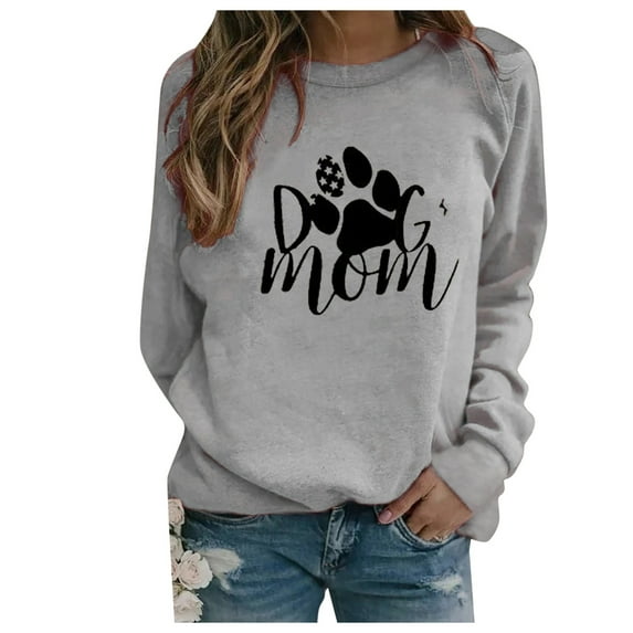 Honeeladyy Discount Dog Paw Mom Print Sweatshirts Women Long Sleeve Pullover Tops Casual Blouse Elbow Patch Loose Fit Tunic