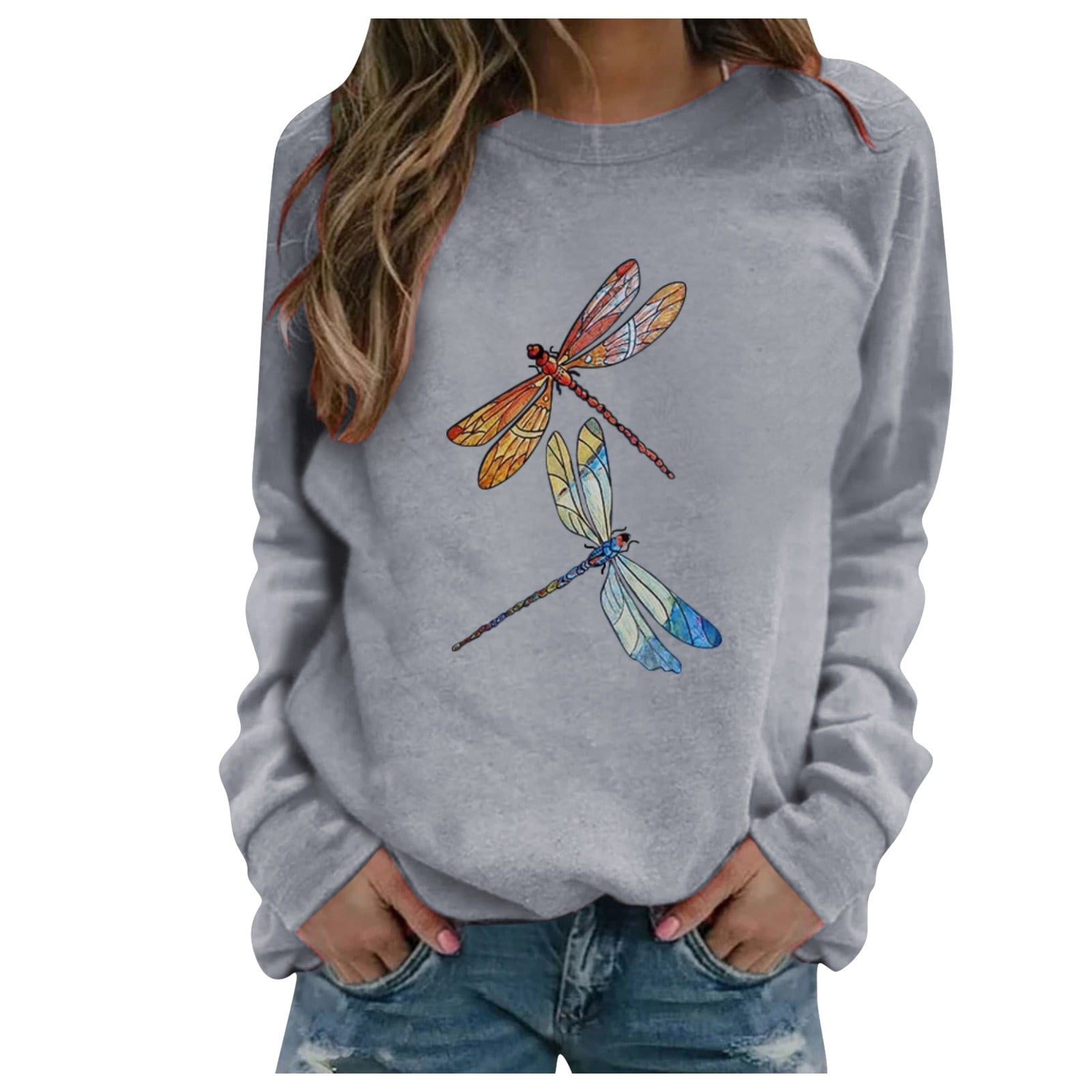 Discount Graphic Tees for Women Long Sleeve Funny Two Dragonfly Print Fall Cute Casual Pullover T Shirt Tops for Teen Girls Gray