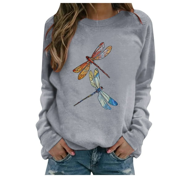 Honeeladyy Discount Graphic Tees for Women Long Sleeve Funny Two Dragonfly Print Fall Cute Casual Pullover T Shirt Tops for Teen Girls Gray