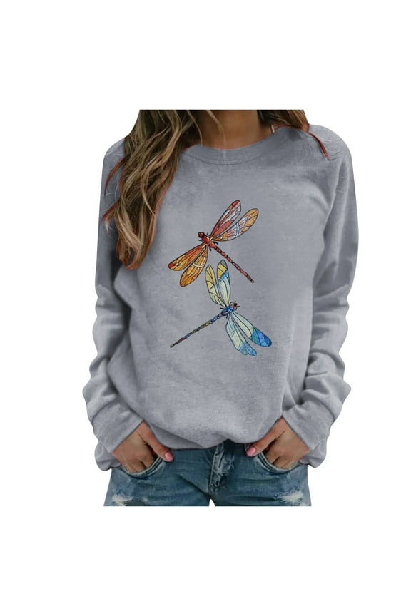Discount Graphic Tees for Women Long Sleeve Funny Two Dragonfly Print Fall Cute Casual Pullover T Shirt Tops for Teen Girls Gray