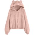 thumbnail image 1 of Honeeladyy Discount Hooded Coat for Women's Fleece Cute Bear Ear Hoodie Zipper Outerwear Winter Warm Solid Elastic Hem Long Sleeve Jacket, 1 of 4