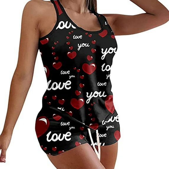 Honeeladyy Discount Love Heart Print Pajama Sets for Women Valentine's Day Sleeveless Tank Top and Shorts Two Piece Nightwear Soft Pj Sets