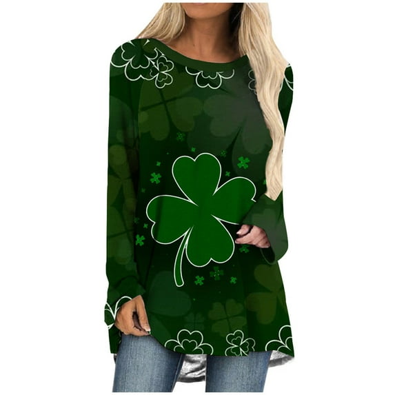 Honeeladyy Discount St. Patrick's Day Tunic Tops Women Crewneck Long Sleeve Shirts Shamrock Gnome Print Casual Loose Pullover Blouse T-shirt Tops