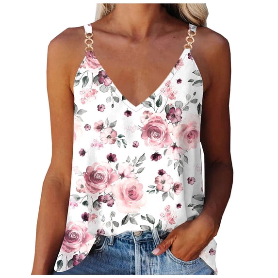 Honeeladyy Discount Women Floral + Leaves Print Shirt Summer Sleeveless Casual Loose Blouse V Neck Comfy Trendy Tops Soft Camisole