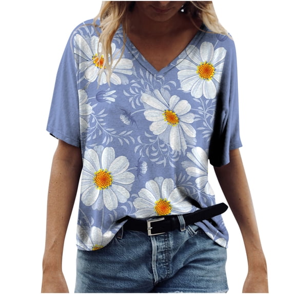 Honeeladyy Discount Women's Summer Casual Short Sleeve Tops Daisy Print Graphic Tees Loose Comfy T-Shirt Blouse Vintage Floral Tunic Tops Blue